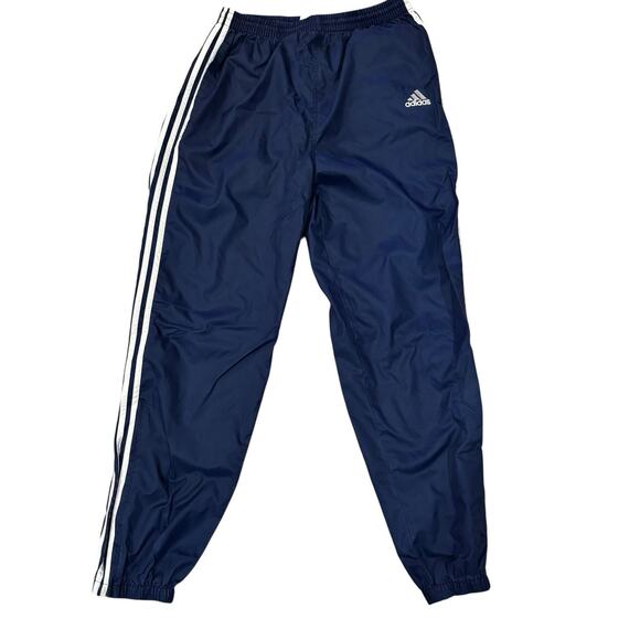 Vintage Adidas Track Pants Large Navy Blue Unlined White Stripes Ankle Zippers - Picture 1 of 9